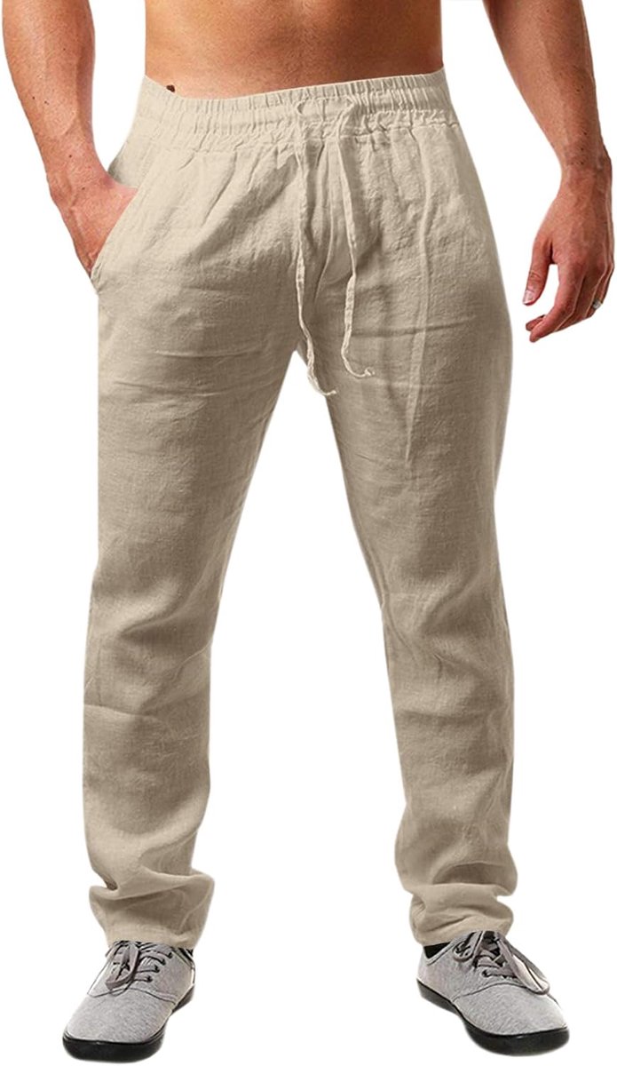 Linnen herenbroek, effen, lang, licht, zomerbroek, losse pasvorm, vrijetijdsbroek met trekkoord, voor vakantie, strand, dagelijks gebruik