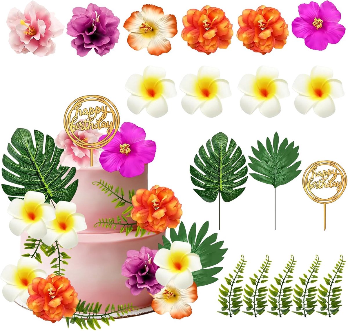 Taartdecoratie, 18 stuks, Hawaiiaanse taartdecoraties, tropische Hawaiiaanse taartdecoraties, voor tropische Hawaiiaanse Luau, zomer, strand, bruiloft, verjaardag, feest (A)