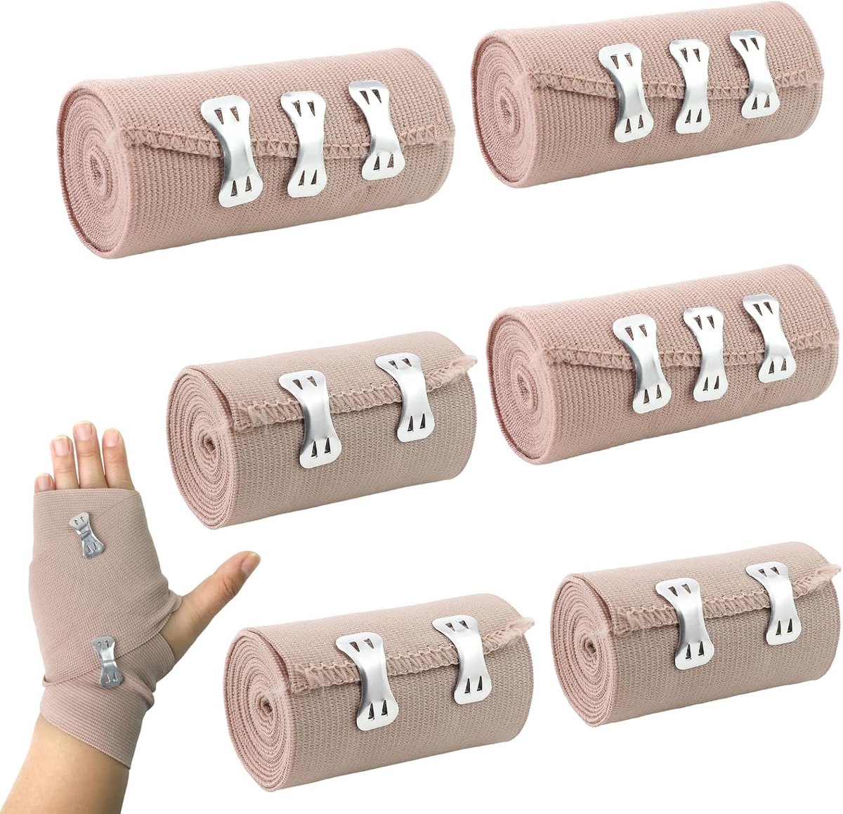 6 stuks elastische bandages, compressiebanden met metalen clips, elastisch verband, herbruikbare bandage, elastische medische fixeerband voor polsen, knieën en enkels (7,5/10 cm)