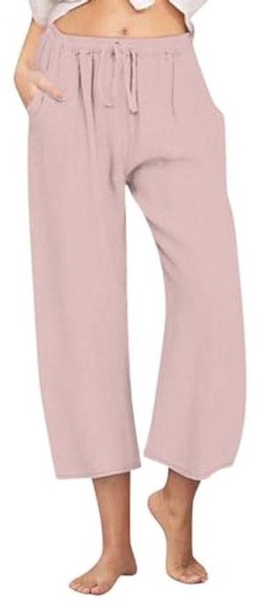 Dames Linnen Broek Wijde Pijpen Zomerbroek met Elastische Taille en Trekkoord