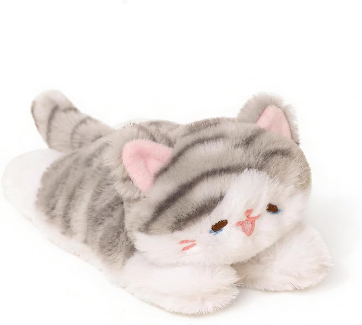 Shownicer Knuffeldier, schattige pluche dieren, klein, handig, zacht knuffeldier, decoratie voor het bureau, cadeaus voor kinderen en volwassenen (gestreepte kat, grijs, 20 cm)