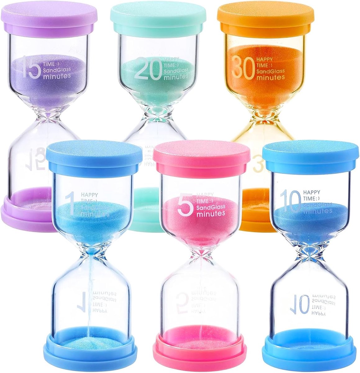 6-delige zandloperdoos, kleurrijke zandloper voor kinderen, 1/3/5/10/15/30 minuten, timer voor kinderen, om te leren, speeltiming, decoratie van het kantoor thuis