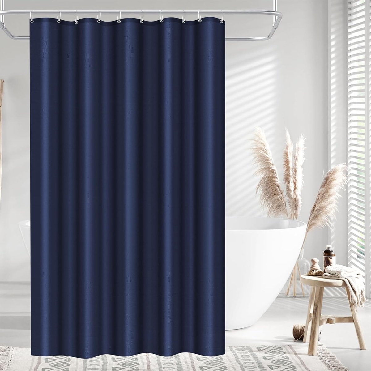 150x200 Badgordijn Polyester Textiel, Douchegordijn Anti-schimmel voor Badkamer, Gordijn voor Badkuip Douche uit Stof Waterdicht Wasbaar, Douchegordijn met 10 Haken Marineblauw