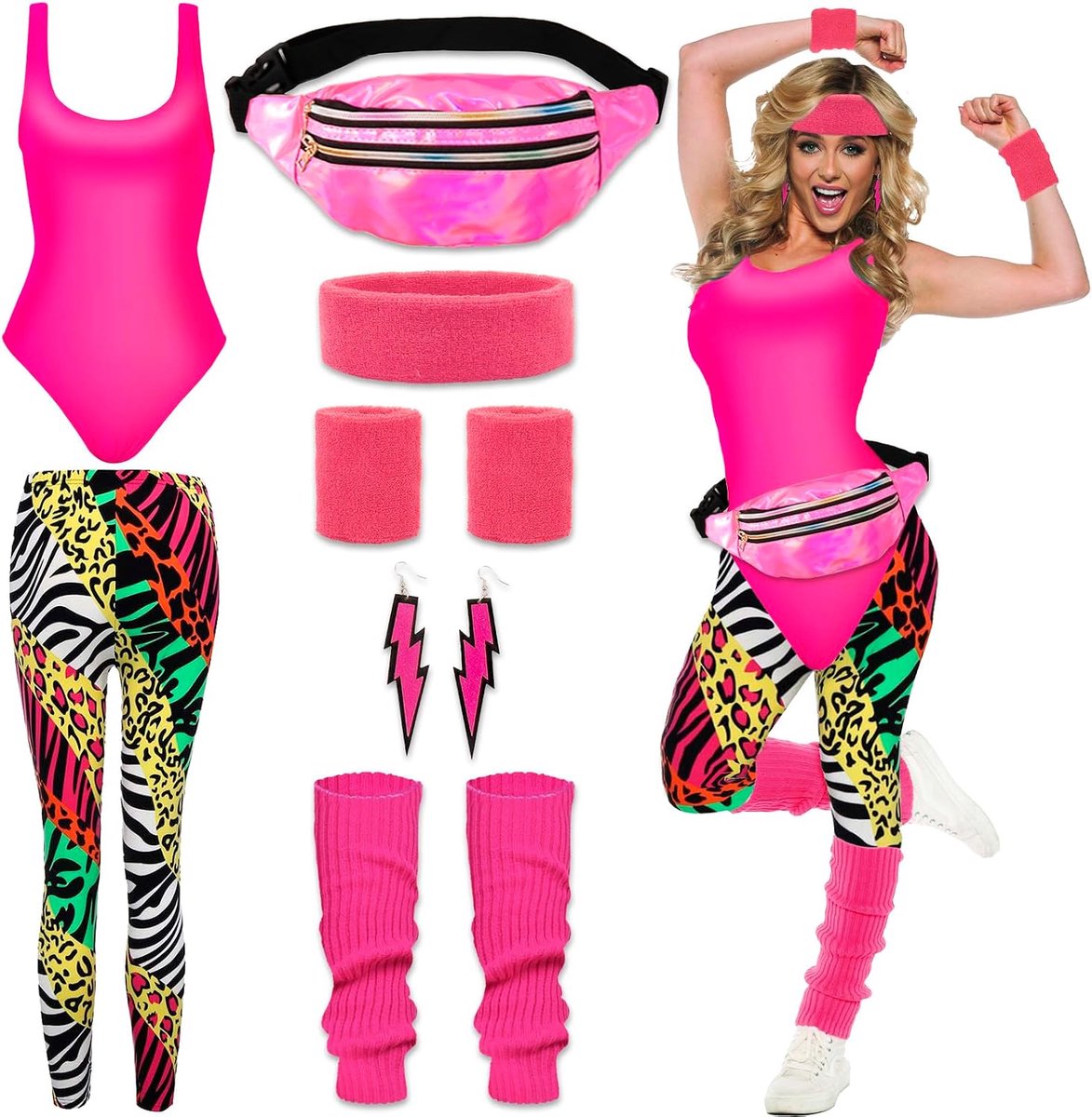 80 en 90 outfit voor dames, retro trainingspak, workout kostuum, jaren 80, kleding, accessoires voor vrouwen, met 80s en 90s kleding, leggings, buiktas, hoofdband, beenwarmers voor carnaval