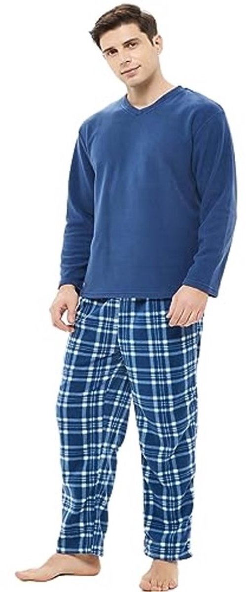 Fleece pyjama voor heren met V-hals en lange mouwen, geruit broekje met zijzakken