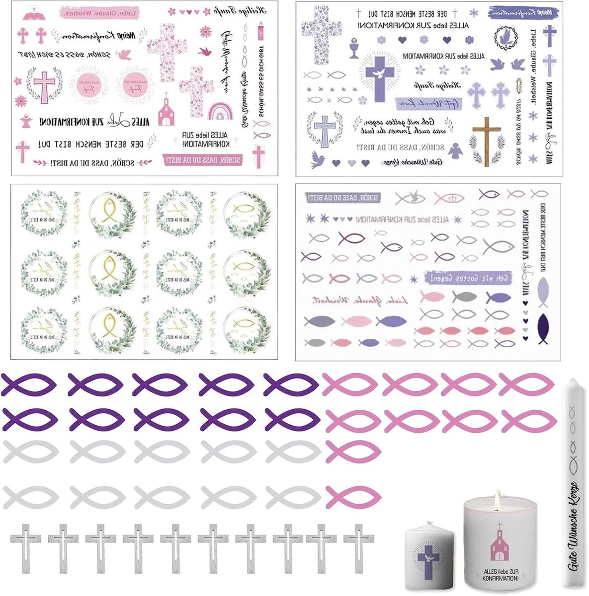 Set van 4 communiekaars-tatoeages, 30 houten visdecoraties (wit, roze, paars), 10 houten kruisdecoraties, afmetingen 14x19 cm, unieke watertransferontwerpen