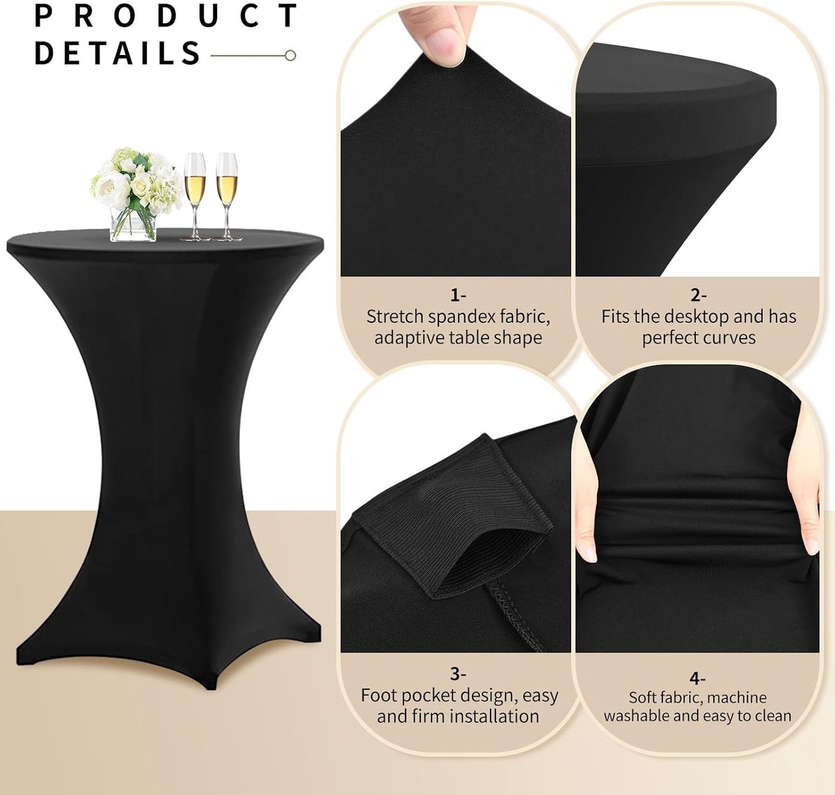 Ronde spandex-tafelhoezen voor cocktails, zwart, 80 x 110 cm, precies passende vierkante hoeken voor ronde tafel of verjaardagsbanket, 10 stuks (zwart)