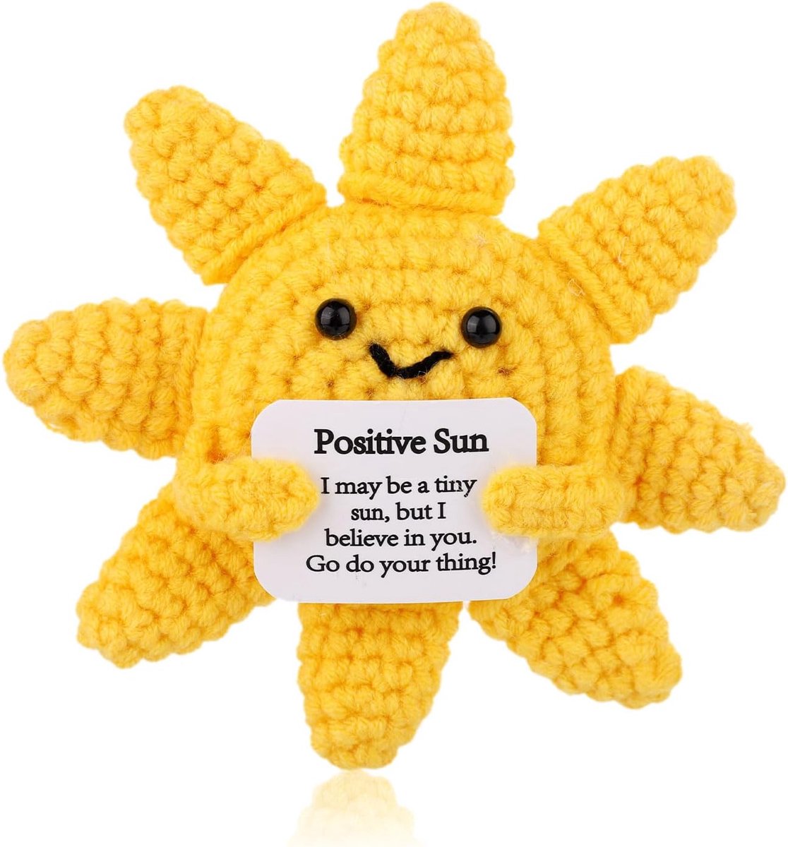 Positieve Haakzon, Inspirerende Haakpop Handgemaakte Emotionele Steun Positieve Zon met Kaart Schattige Gebreide Zon Vakantie Haakcadeaus voor Verjaardagen Thuis Feest Decoratie