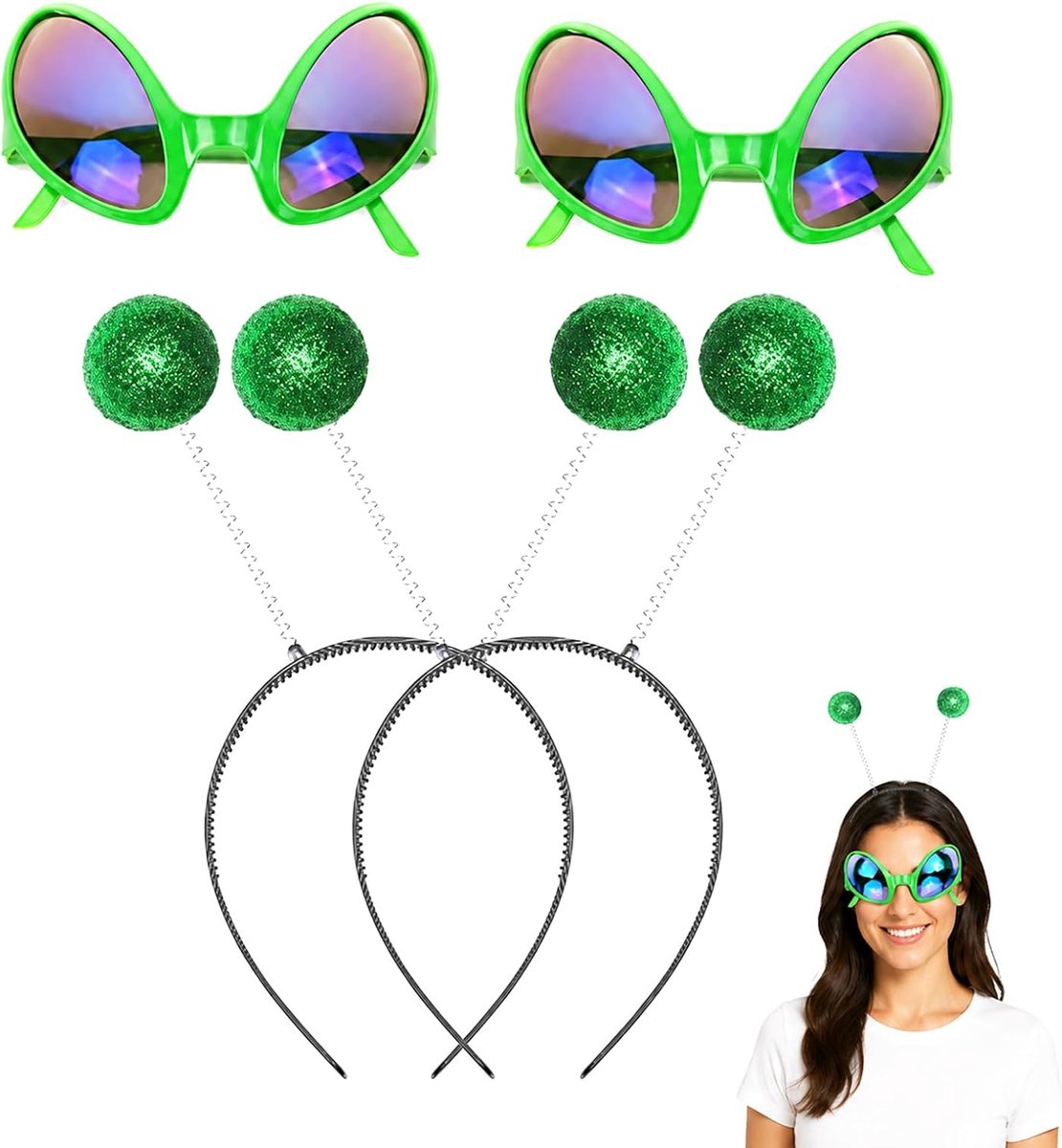 Set van 4 Stuks Cosplay Alien Accessoires, 2‑stuks Alien Brillen en 2‑stuks Mars Antenne Hoofdband, Decoratieve Feestaccessoires voor Halloween en Carnaval.