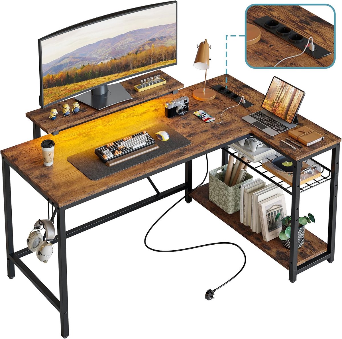 L-vormig hoekbureau, houtnerf, bruin, 132 cm