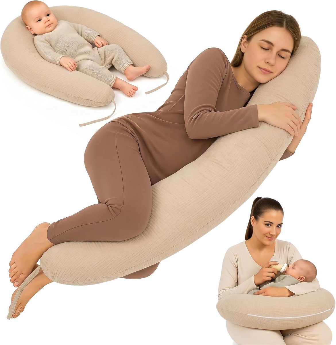 Zwangerschapskussen 190 cm Mousseline Kussen – body pillow voor zwangeren steun rug buik hoes van katoen wasbaar afneembaar ergonomisch – OEKO-TEX gecertificeerd Beige
