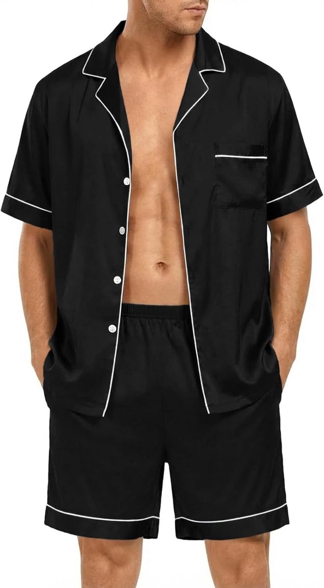 Pyjama heren kort satijn tweedelige pyjama set korte mouwen knoopsluiting overhemden en effen pyjamashort mannen zomer nachtkleding huispak