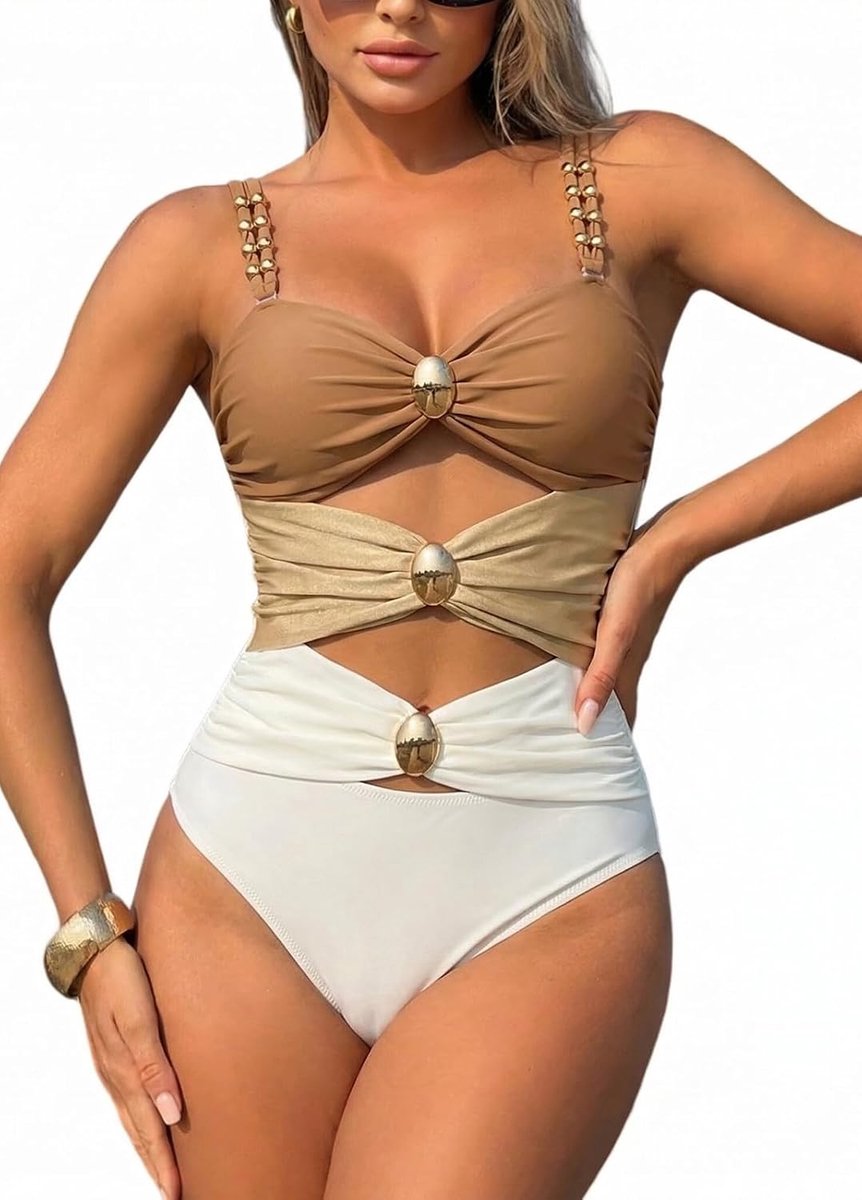 Badpak voor dames, uitgesneden dubbele bandjes, eendelig badpak met cups, sexy V-hals, badmode, push-up, monokini