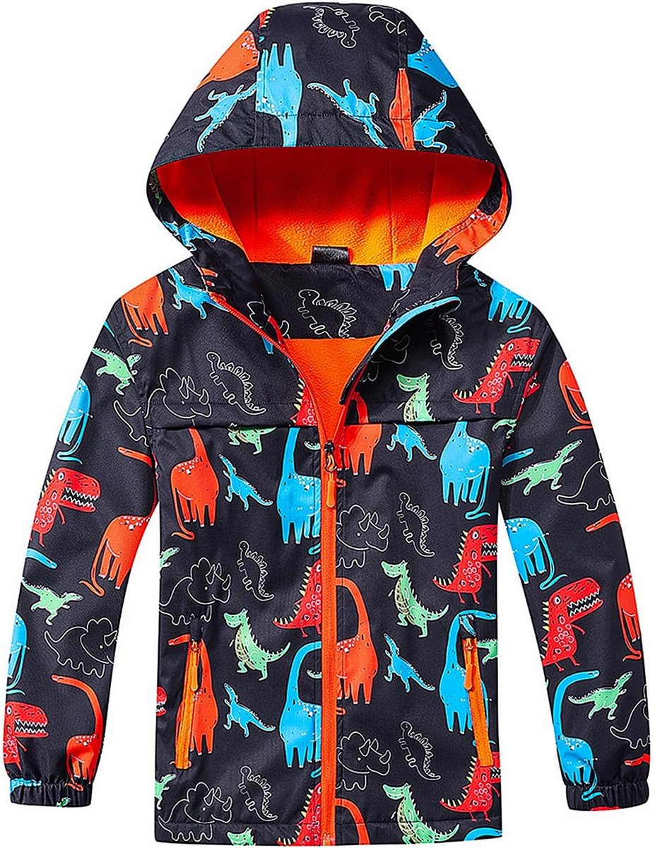Regenjas Voor Jongens Softshell Jas Met Fleece Voering Capuchon Waterdichte Overgangsjas Lichte Jas Dinosaurus Print Outdoor Jas Functionele Jas Voor Kinderen 3-12 Jaar, Maat 98-152