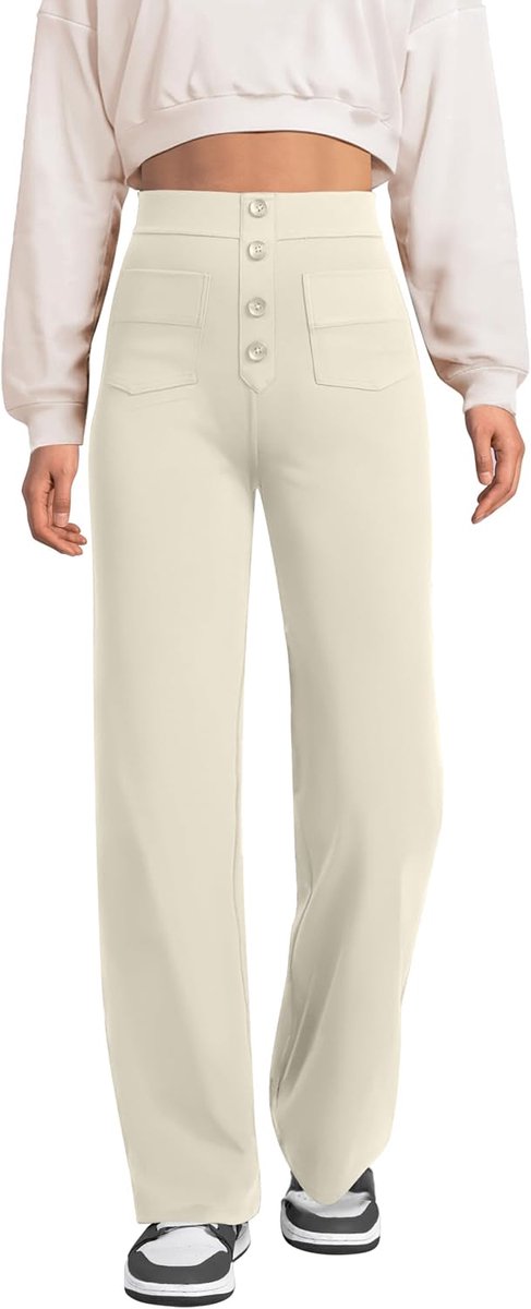 Brede broek dames hoge taille sportbroek knoop rechte broek met zakken elastische vrijetijdsbroek