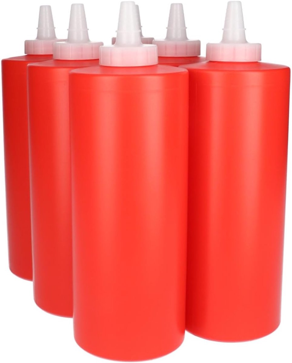 6 x Knijpbare Doseerfles 1000 ml rood met Tuitdop naturel- BPA Vrij - Niet Breekbaar - Plastic Flesjes Navulbaar - Met Dop - Lege Flessen - 6 stuks