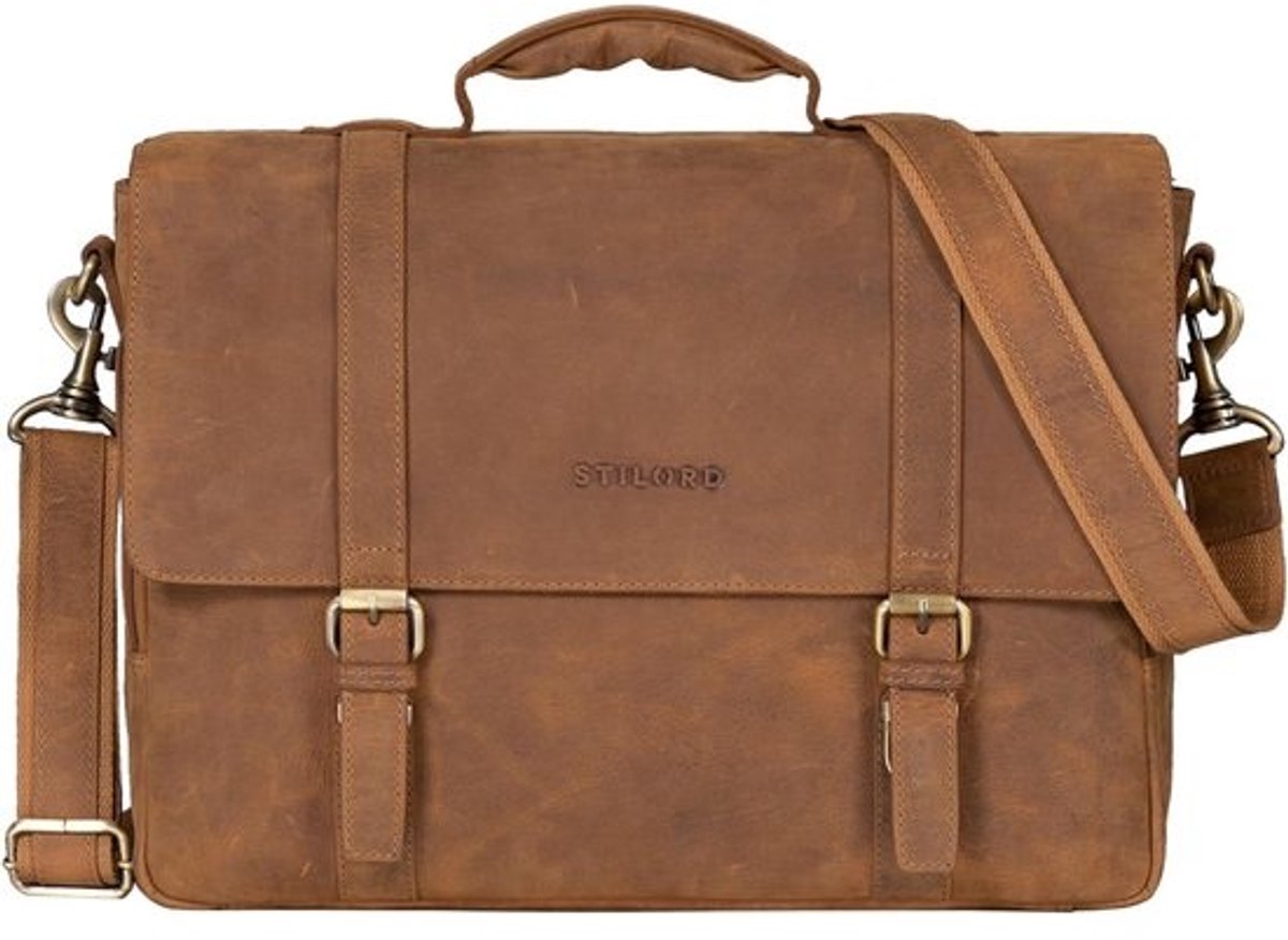 Grote Leren Business Bag voor 15.6 Inch Laptop - Vintage Schoudertas met Trolley Bevestiging