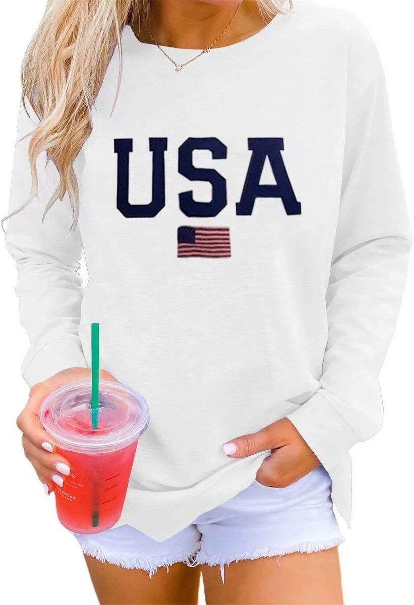 Sweatshirt voor dames met ronde hals, letterprint, casual, lange mouwen, geribbeld, 00 wit, maat L, 00 wit, USA, L