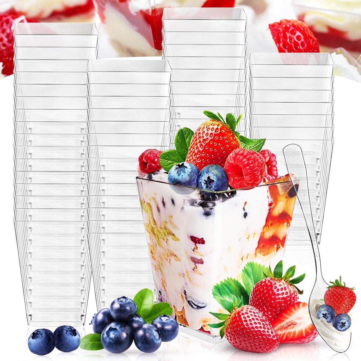 Dessertkommen, set met 60 lepels, herbruikbare plastic dessertbekers voor dessertfeest, pudding, mousse, ijsbeker
