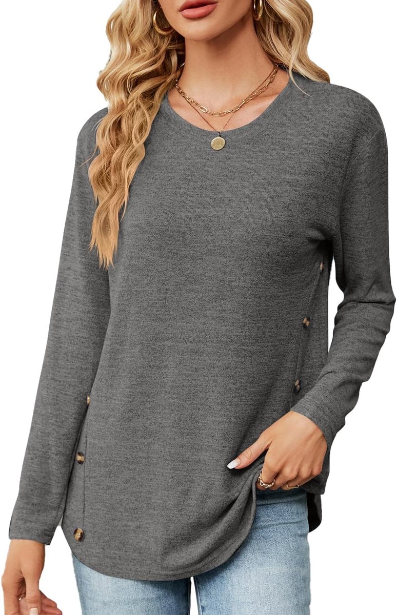 Shirt met lange mouwen dames ronde hals gebreide trui met knoopdetail casual T-shirt losse pasvorm tops tuniek bovenstuk dames herfst S-XXL