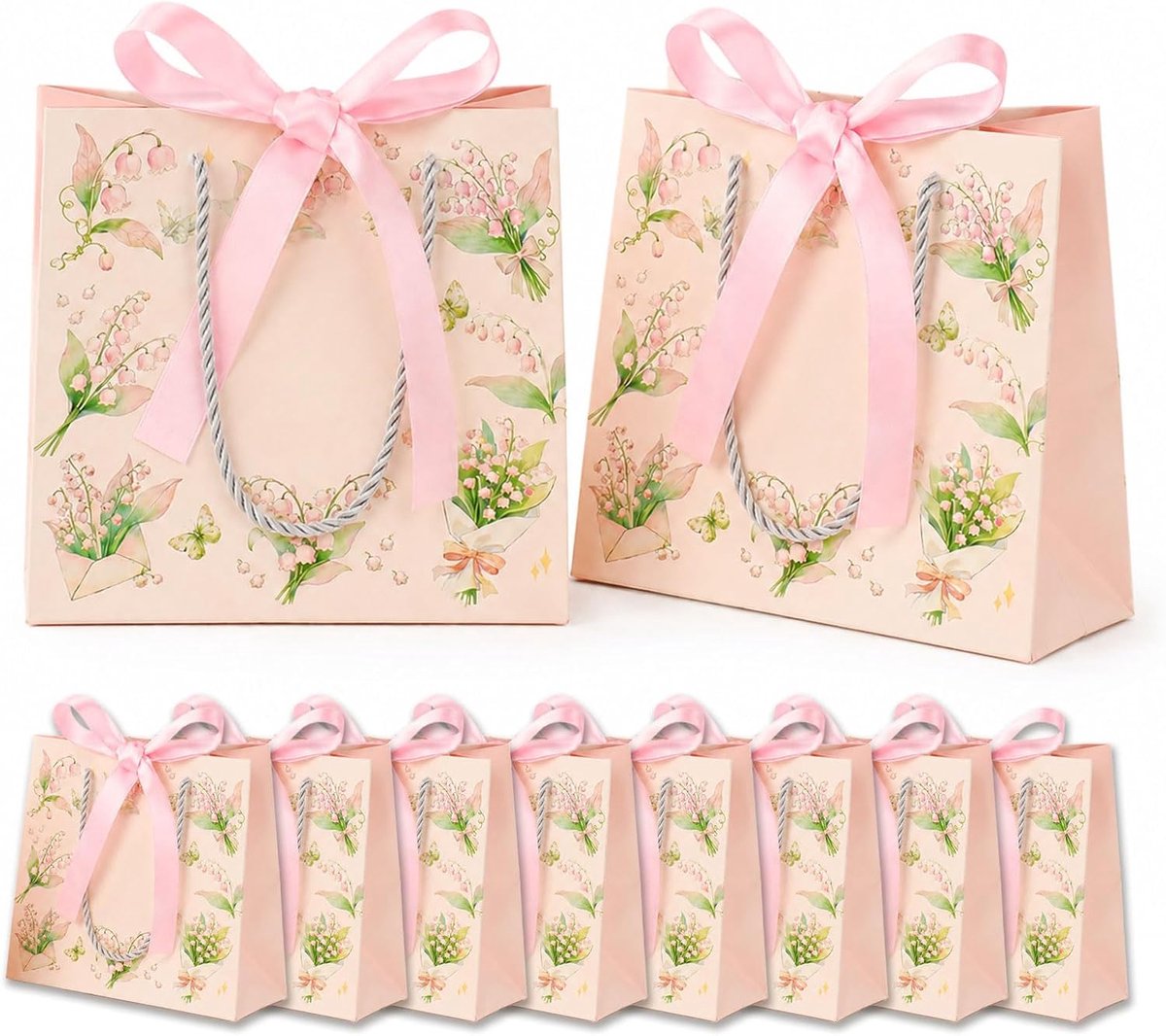 10 stuks Roze Lelietje-van-dalen Cadeauzakjes – Kleine cadeauzakjes met striklinten, elegante papieren draagtas voor bruiloft & verjaardag