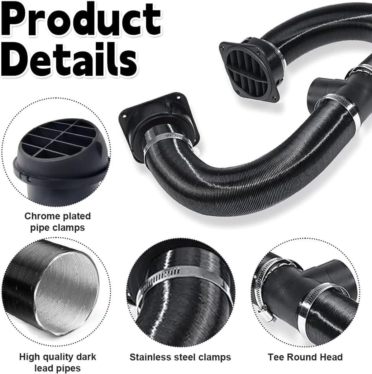 Kanaal 75 mm, T-buis, auto-verwarming, dieselverwarming, accessoires, auto-verwarmingsbuis met 2 draaibare paddenstoelkop, luchtuitlaat, staande verwarmingsslang voor auto