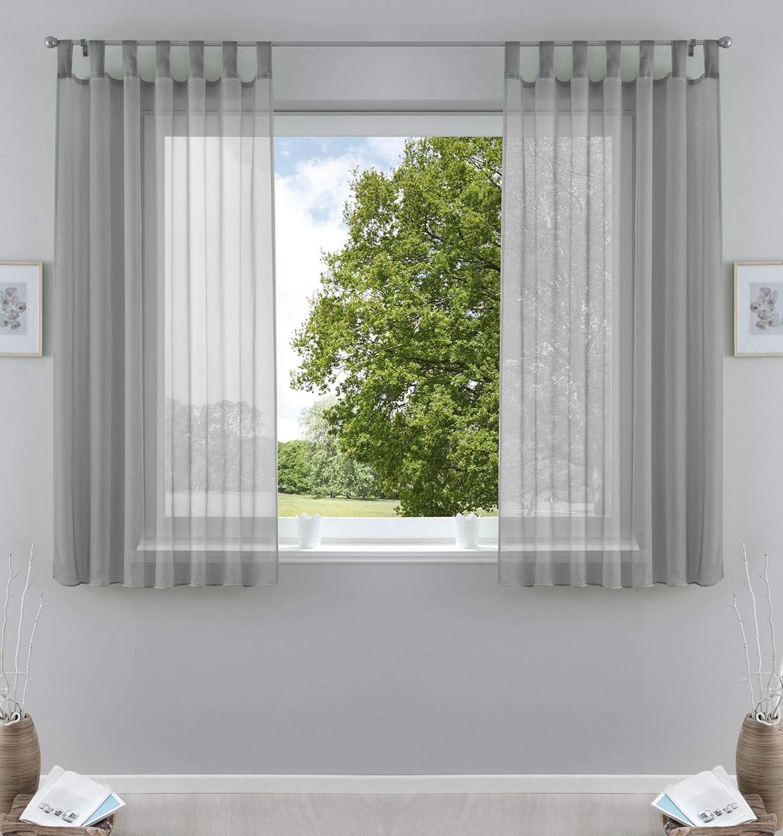 Set van 2 gordijnen, transparant, voor woonkamer, voile, lusgordijn met loodband, H x B 175 x 140 cm, grijs, 61000CN