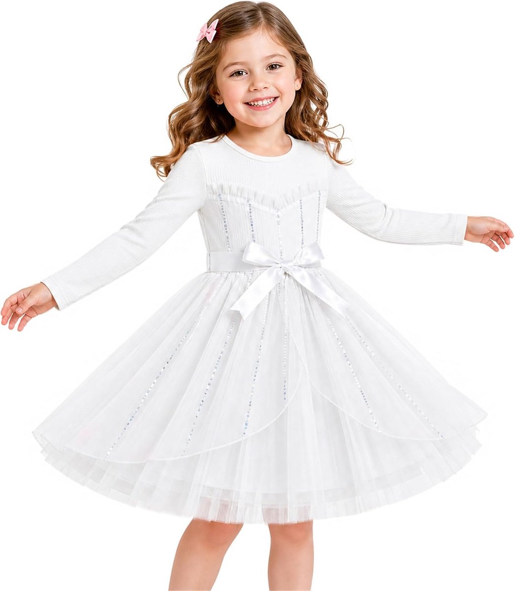 Meisjesjurk met Pailletten en Tule Prinsessenjurk, 3-4 jaar, Wit