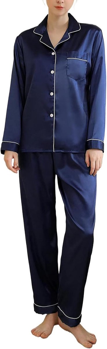 Pyjama dames lange satijnen pyjama set vrouwen met knoopsluiting V-hals tweedelige nachtkleding zachte zijde loungewear huispak