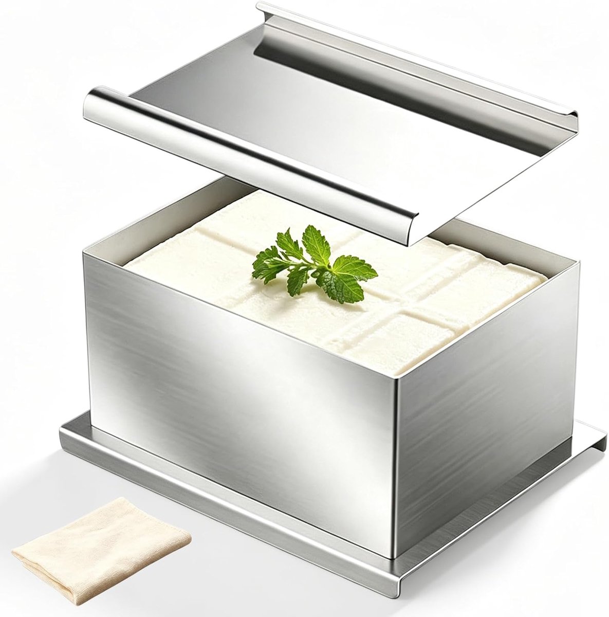 Roestvrij staal 304, tofu-pers, groot, 1000 g, met lekbak en kaasdoek voor zelfgemaakte tofu paneerkaas, vaatwasmachinebestendig