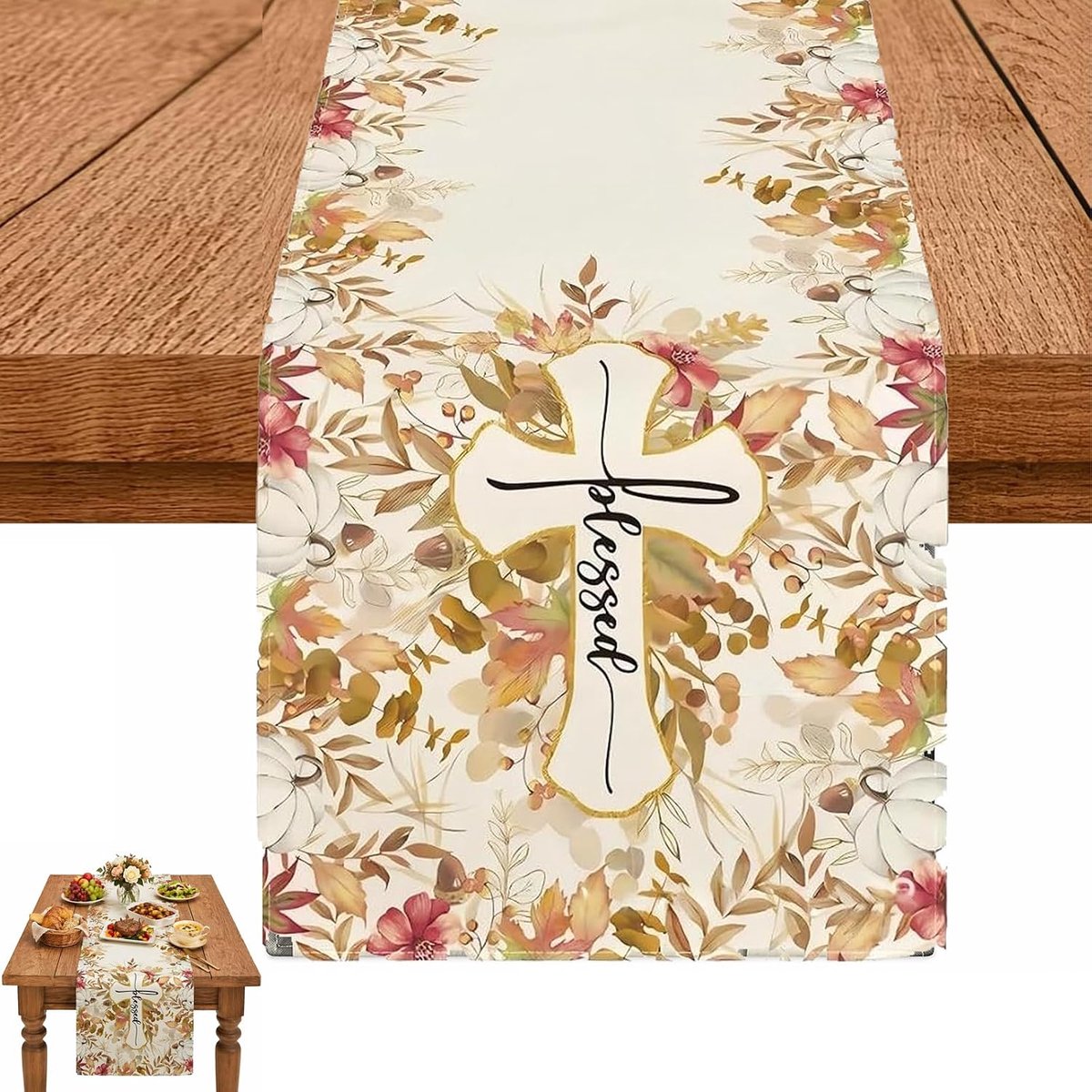 Tafelloper linnen 33x183cm kruis “blessed” herfst bloemen pompoen religieus tafelkleed herfst decoratie eettafel warm seizoensdesign