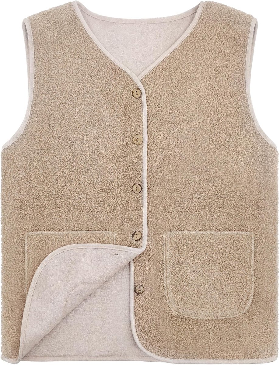 Beifon Teddy fleece vest dames herfst winter warm, mouwloos bontvest dames effen V-hals knopen fleece vest van teddybont, bont vest kort pluche vest teddyvest outwear thermovest