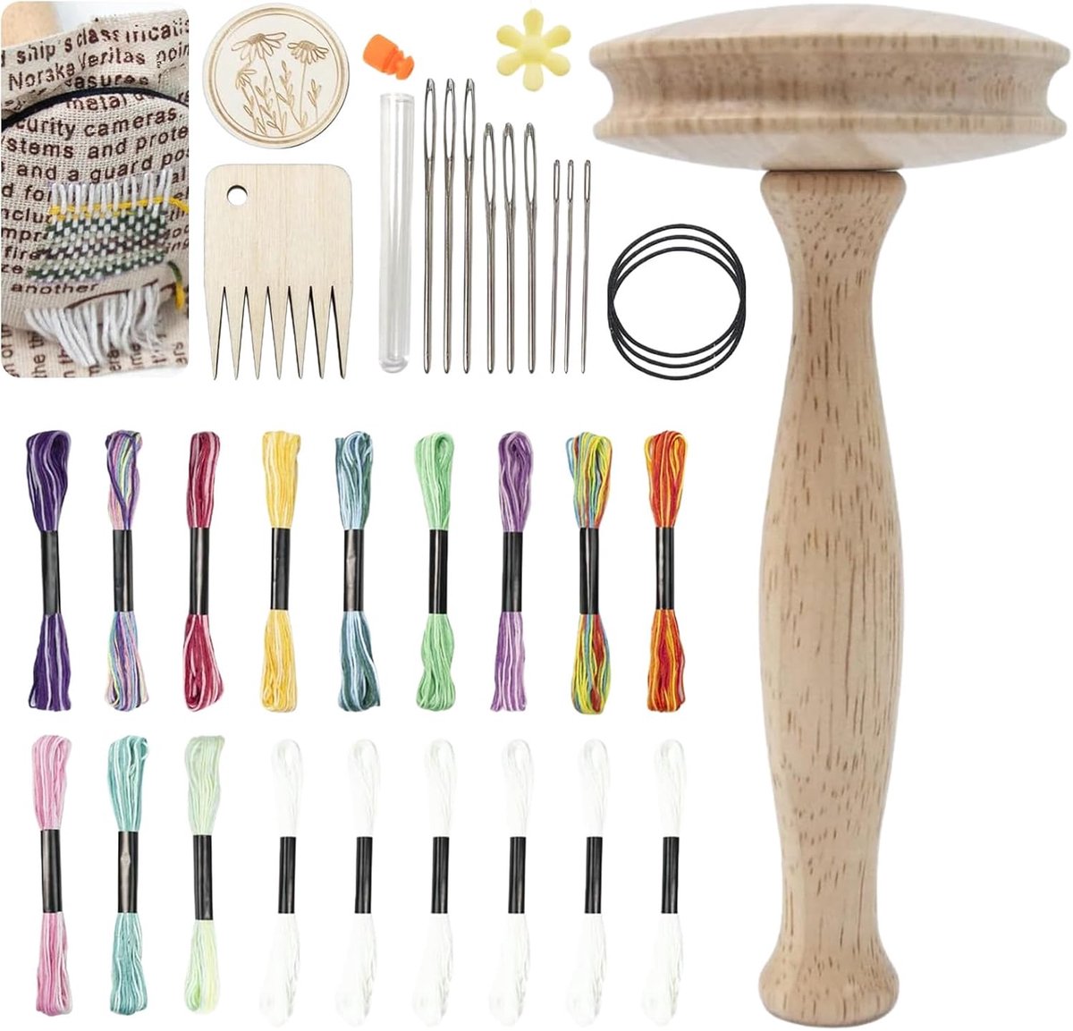 Paddenstoelvorm, houten gereedschap, stopschimmel, naaigereedschap met naaigaren, naalden en praktische helpers, naai-accessoires, stopaccessoires, snel repareren van handwerk, voor