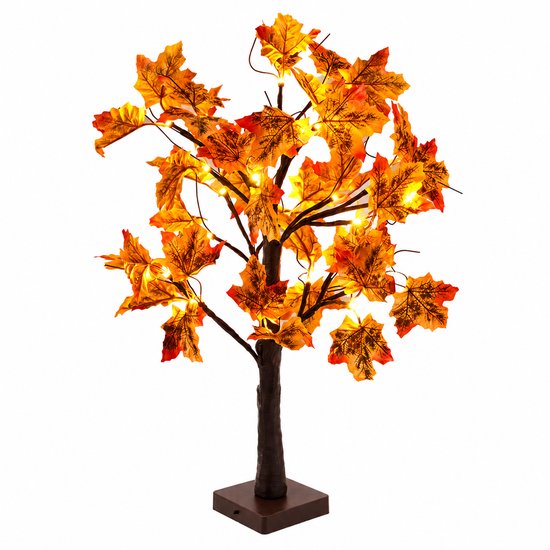 Verlichte kunstboom met oranje herfstbladeren en warme ledlampjes, staand op een donkere vierkante voet.