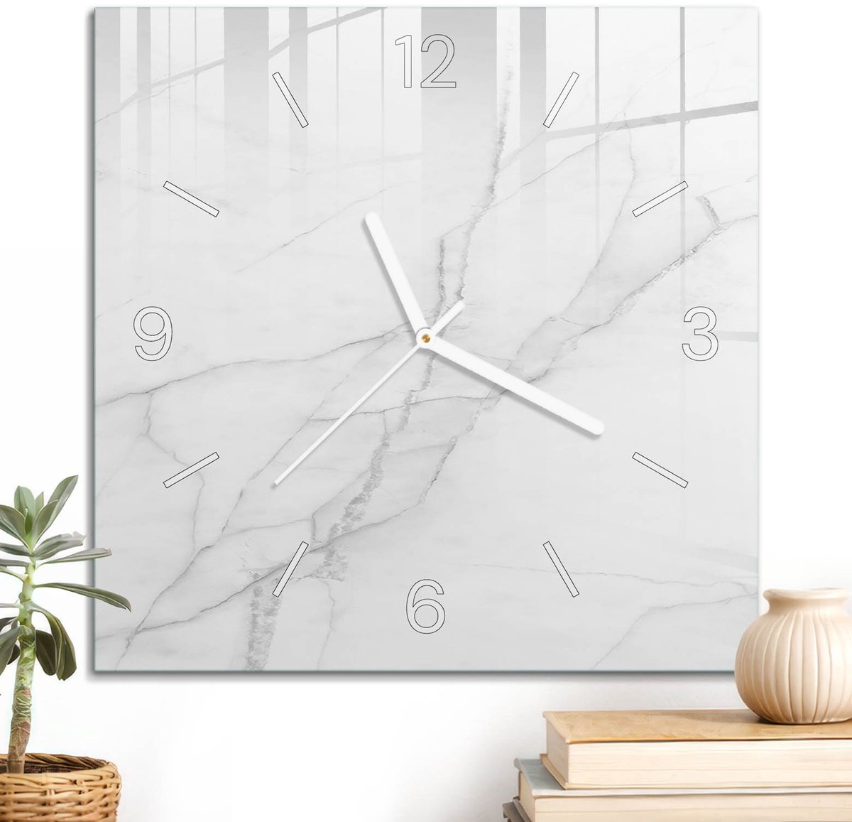 ArtPrintCave Wit Glazen Klok - 30x30 cm - Wandklok Vierkant - Marmer Minimalisme Unieke Klok - Achtergronden En Patronen Stille Wandklok - Witte Klokwijzers