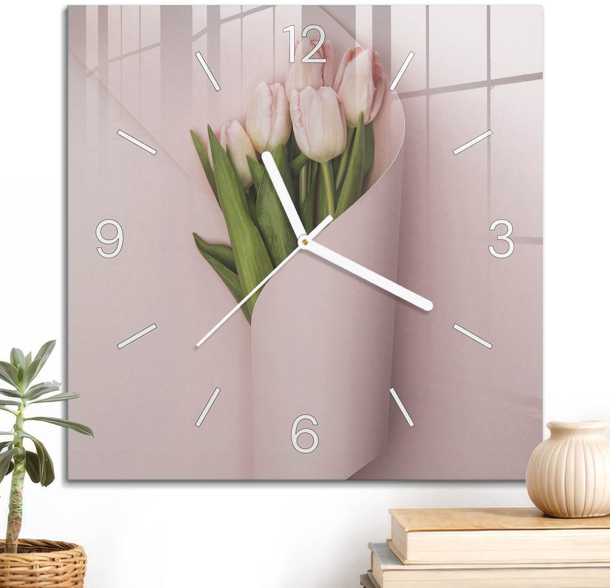 ArtPrintCave Roze Glazen Klok - 30x30 cm - Wandklok Vierkant - Tulpen Elegantie Wandklok Keuken - Achtergronden En Patronen Unieke Klok - Witte Klokwijzers