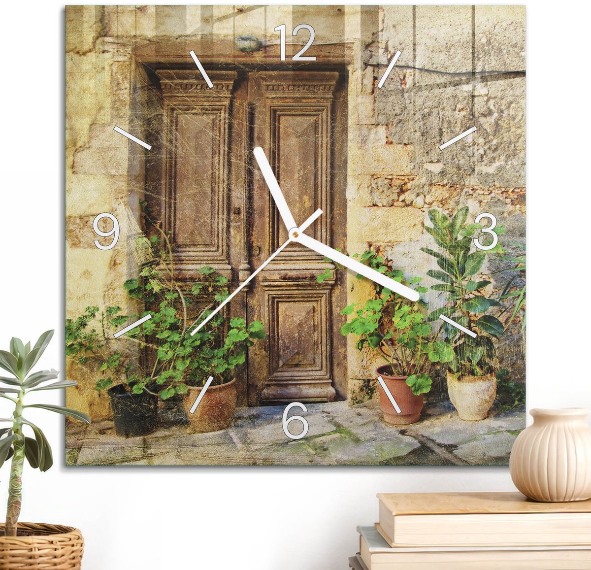 ArtPrintCave Beige Glazen Klok - 30x30 cm - Wandklok Vierkant - Rustieke Steeg Unieke Klok - Natuur Stille Wandklok - Witte Klokwijzers