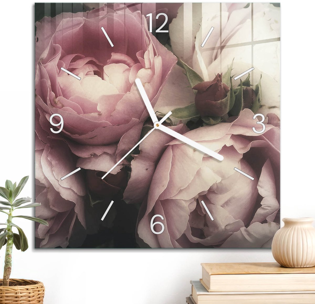 ArtPrintCave Roze Glazen Klok - 30x30 cm - Wandklok Vierkant - Roze Rozen Wandklok Keuken - Natuur Unieke Klok - Witte Klokwijzers