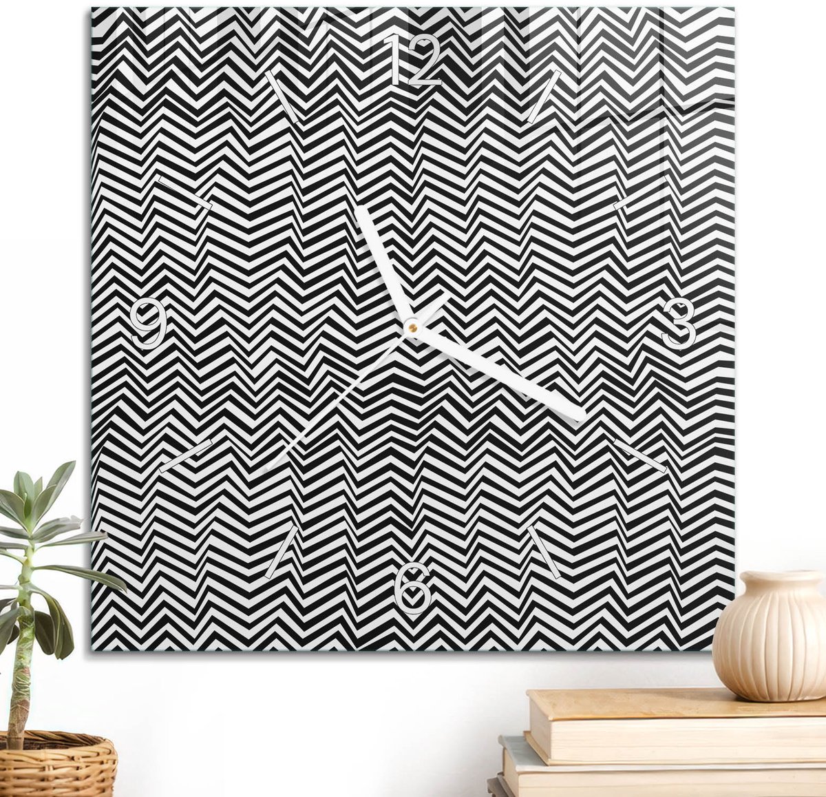 ArtPrintCave Zwart-wit Glazen Klok - 30x30 cm - Wandklok Vierkant - Zigzagritme Wandklok Keuken - Geometrie Unieke Klok - Witte Klokwijzers