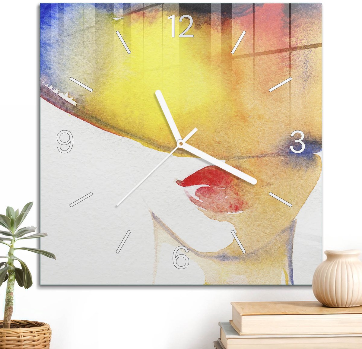 ArtPrintCave Geel Glazen Klok - 30x30 cm - Wandklok Vierkant - Abstract Portret Wandklok Keuken - Kunst Unieke Klok - Witte Klokwijzers