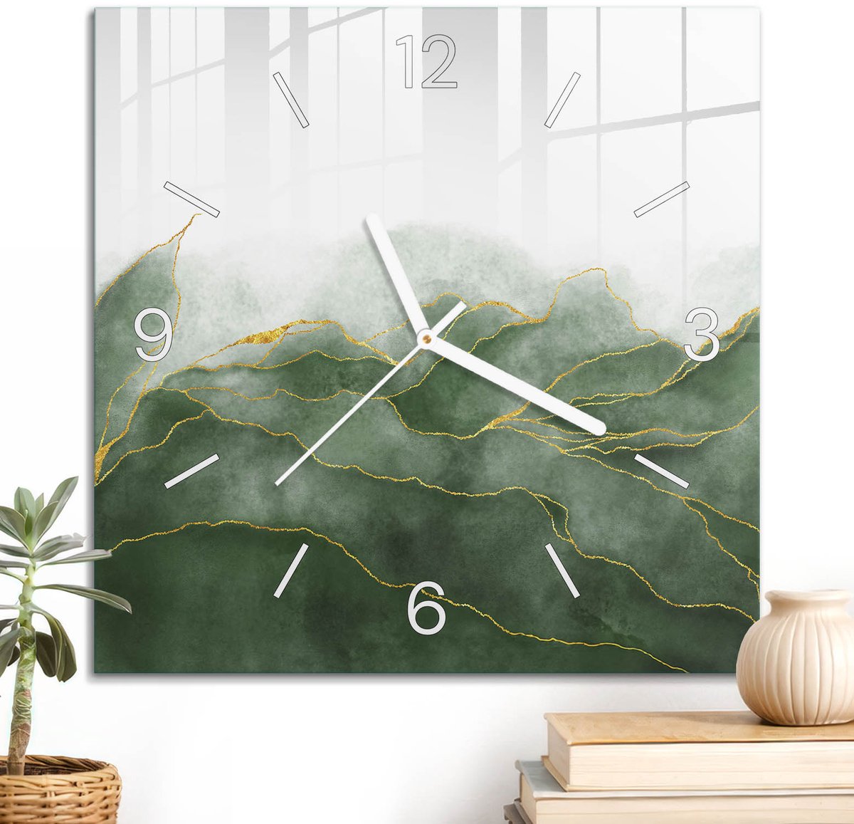 ArtPrintCave Groene Glazen Klok - 30x30 cm - Wandklok Vierkant - Groene Bladeren Unieke Klok - Abstractie Stille Wandklok - Witte Klokwijzers