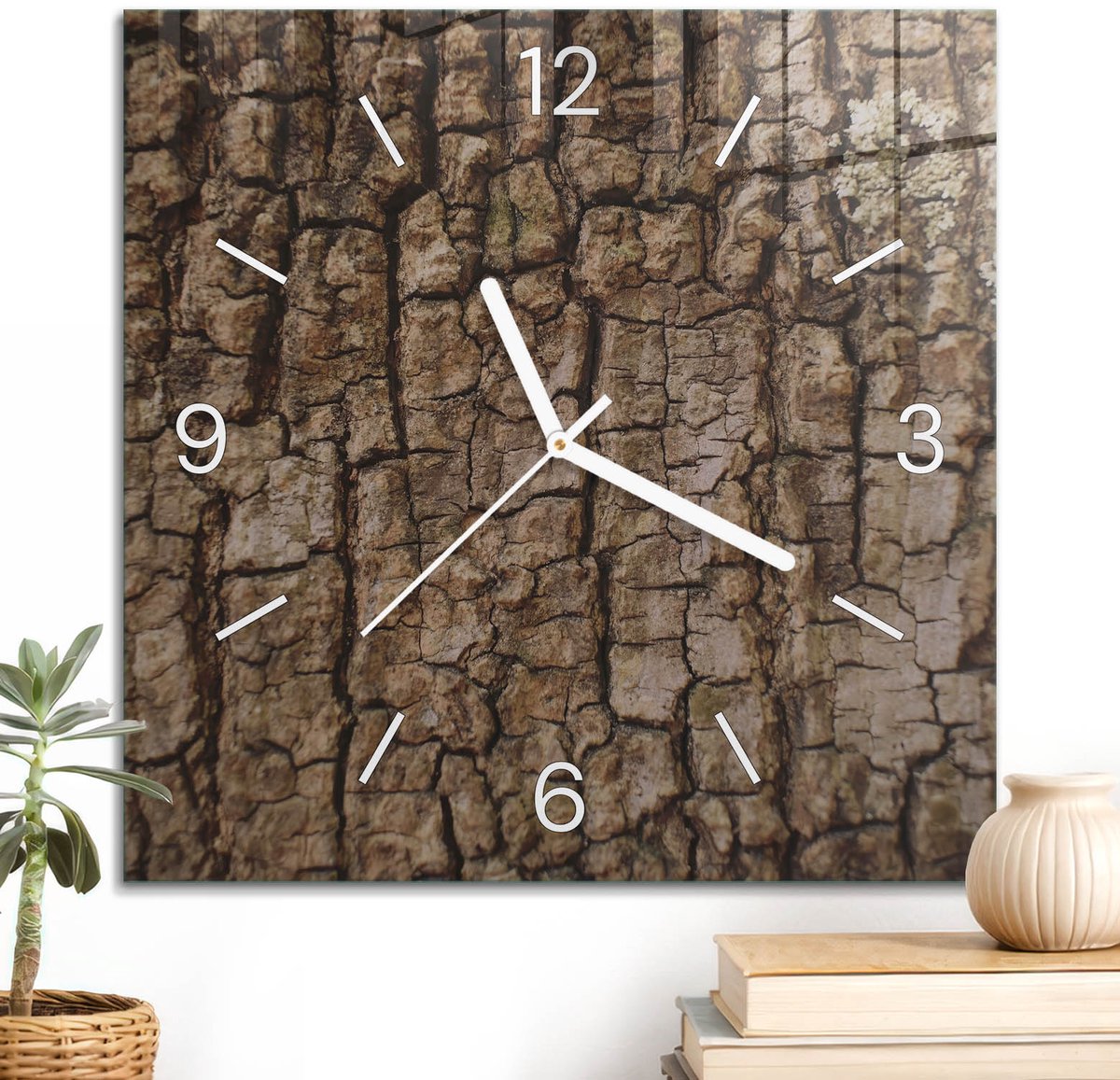 ArtPrintCave Bruin Glazen Klok - 30x30 cm - Wandklok Vierkant - Boomschors Stille Wandklok - Texturen Wandklok Keuken - Witte Klokwijzers
