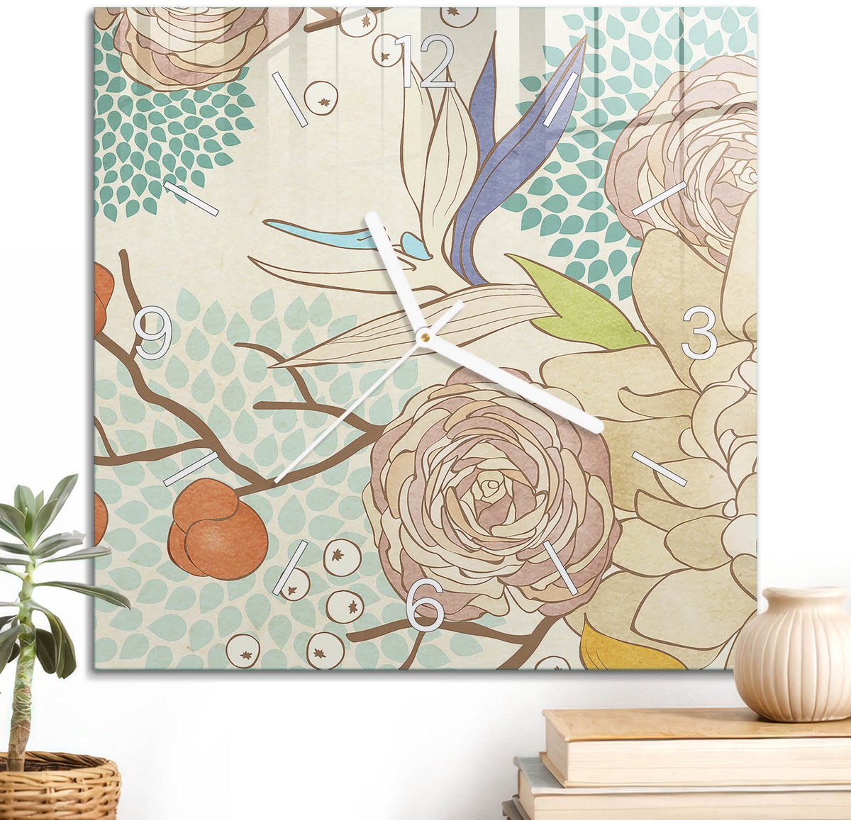 ArtPrintCave Romig Glazen Klok - 30x30 cm - Wandklok Vierkant - Bloemige Elegantie Unieke Klok - Abstractie Stille Wandklok - Witte Klokwijzers