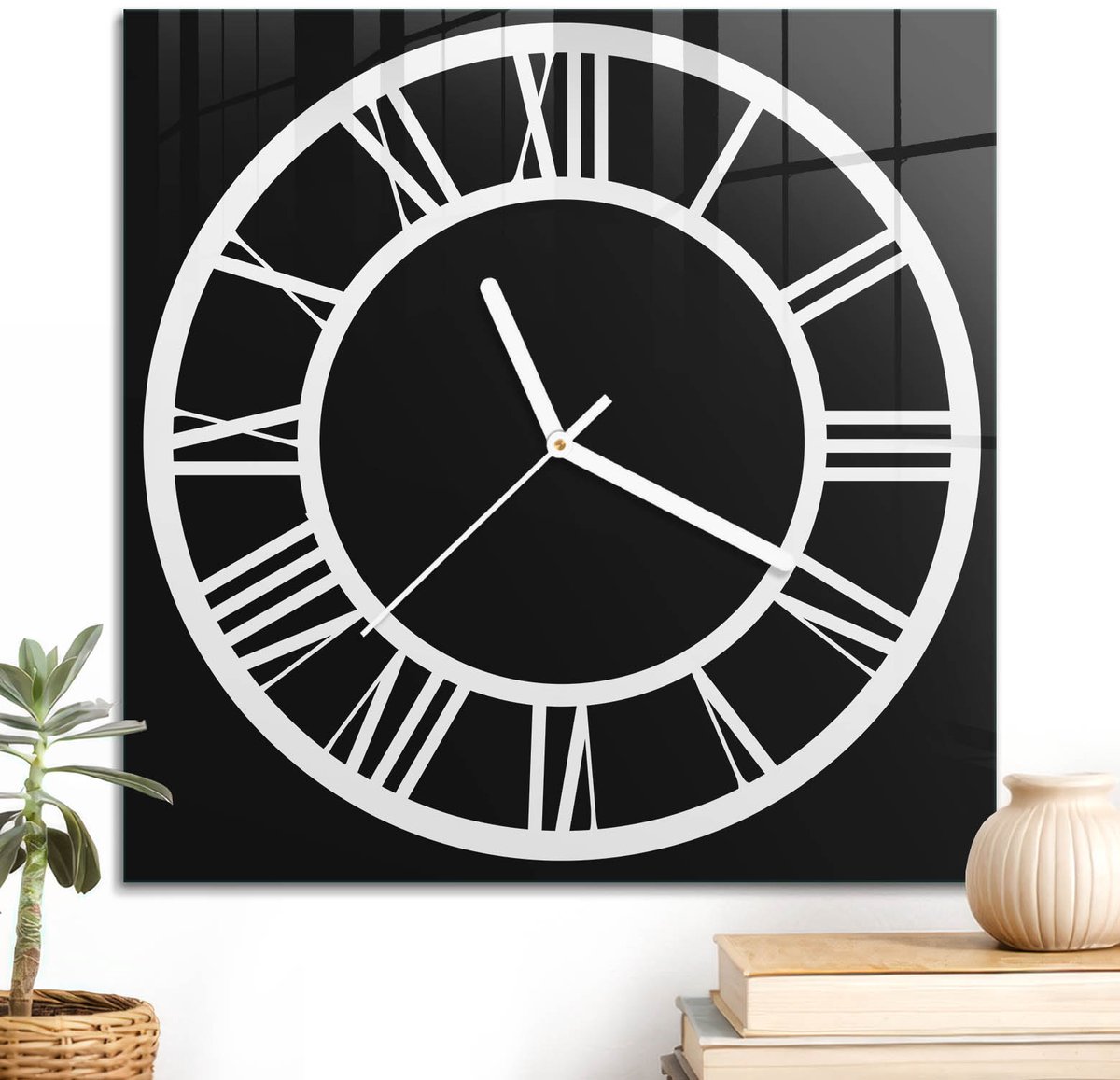ArtPrintCave Zwart Glazen Klok - 30x30 cm - Wandklok Vierkant - Romeinse Klok Wandklok Keuken - Geometrische Unieke Klok - Witte Klokwijzers