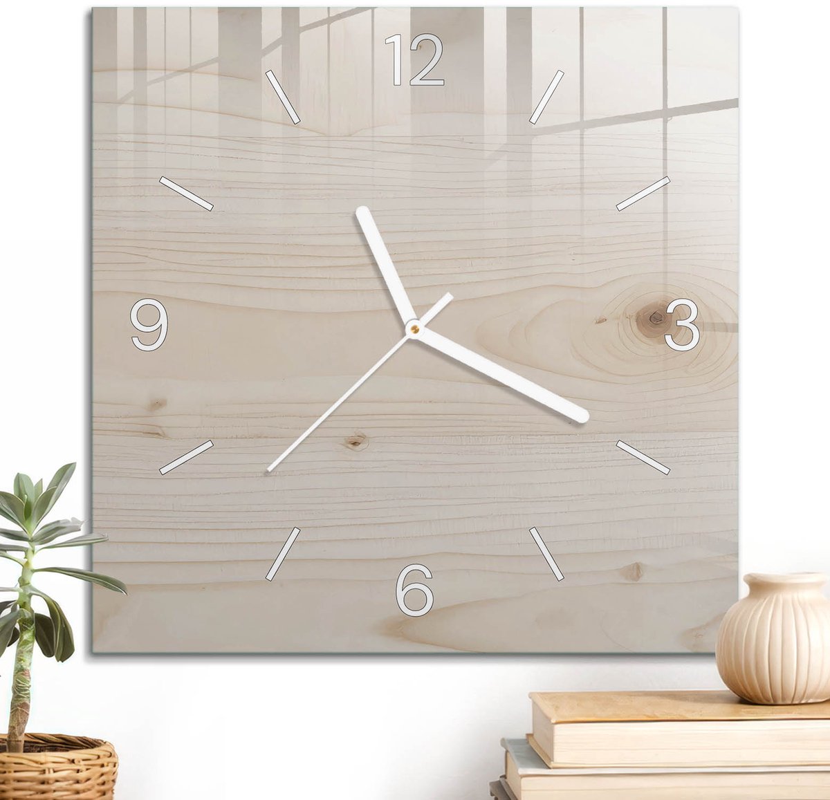ArtPrintCave Beige Glazen Klok - 30x30 cm - Wandklok Vierkant - Houtstructuur Stille Wandklok - Achtergronden En Patronen Wandklok Keuken - Witte Klokwijzers