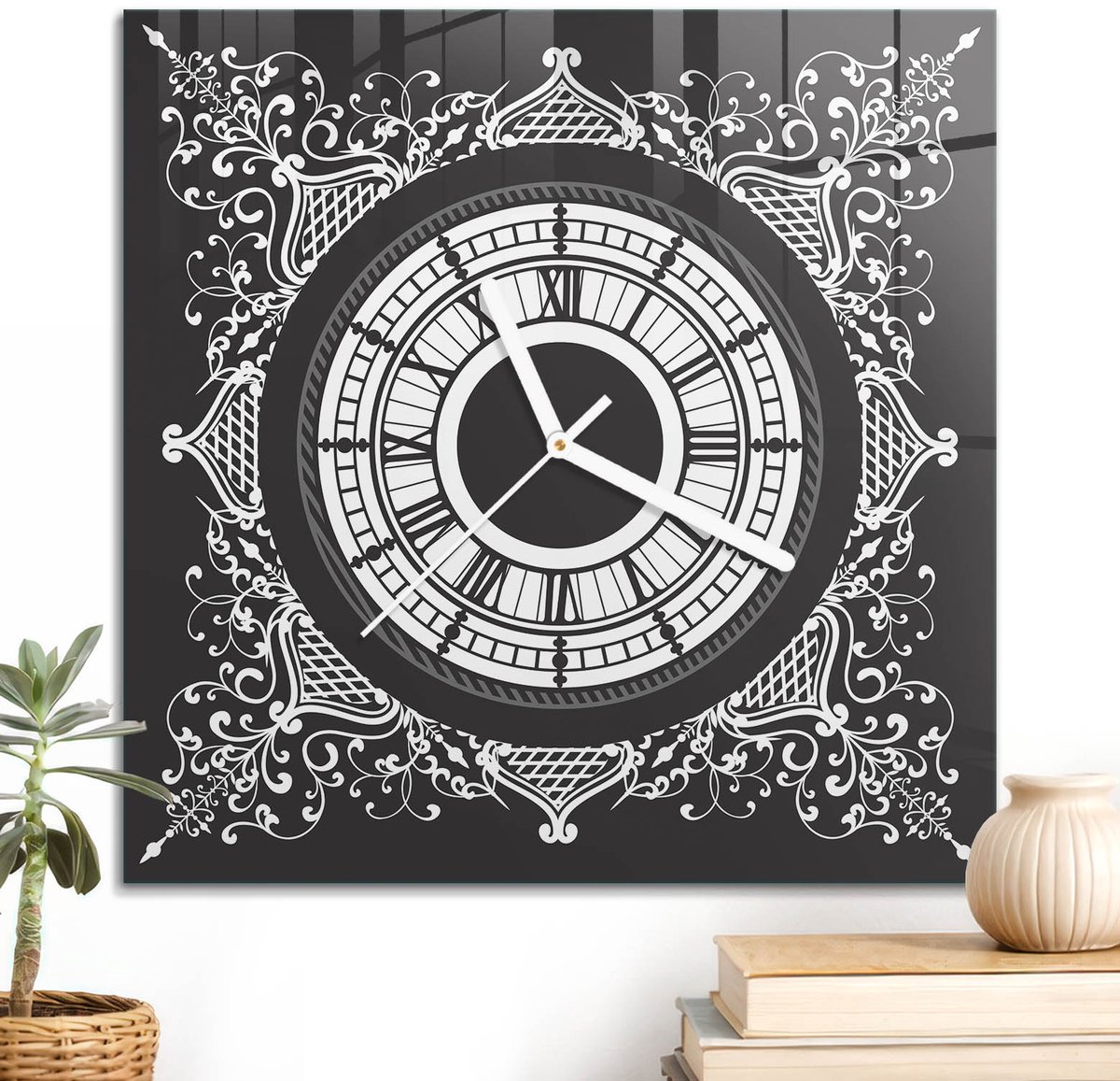 ArtPrintCave Zwart Glazen Klok - 30x30 cm - Wandklok Vierkant - Klassieke Ornamenten Unieke Klok - Abstractie Stille Wandklok - Witte Klokwijzers