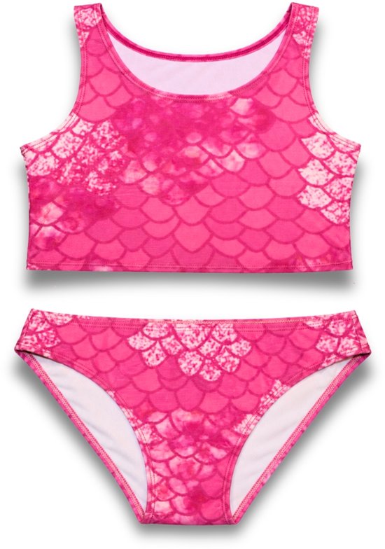 Roze bikini met zeemeerminnen schubben patroon. De top is mouwloos met een ronde hals. De broek heeft een lage taille.
