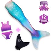Zeemeerminnenstaart set met paarse bikini en zwarte monovin. Staart is blauw, paars, met glitter. "Verstevigde startpunten" en "12 maanden garantie".