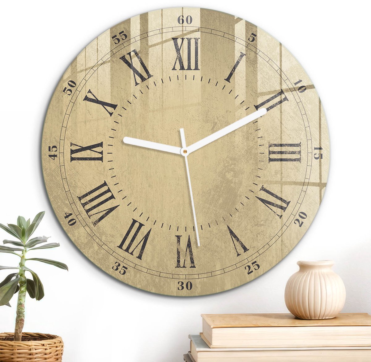 ArtPrintCave Beige Glazen Klok - Wandklok 30 cm - Muurklok Rond - Vintage Klok Unieke Klok - Abstractie Stille Wandklok - Witte Klokwijzers