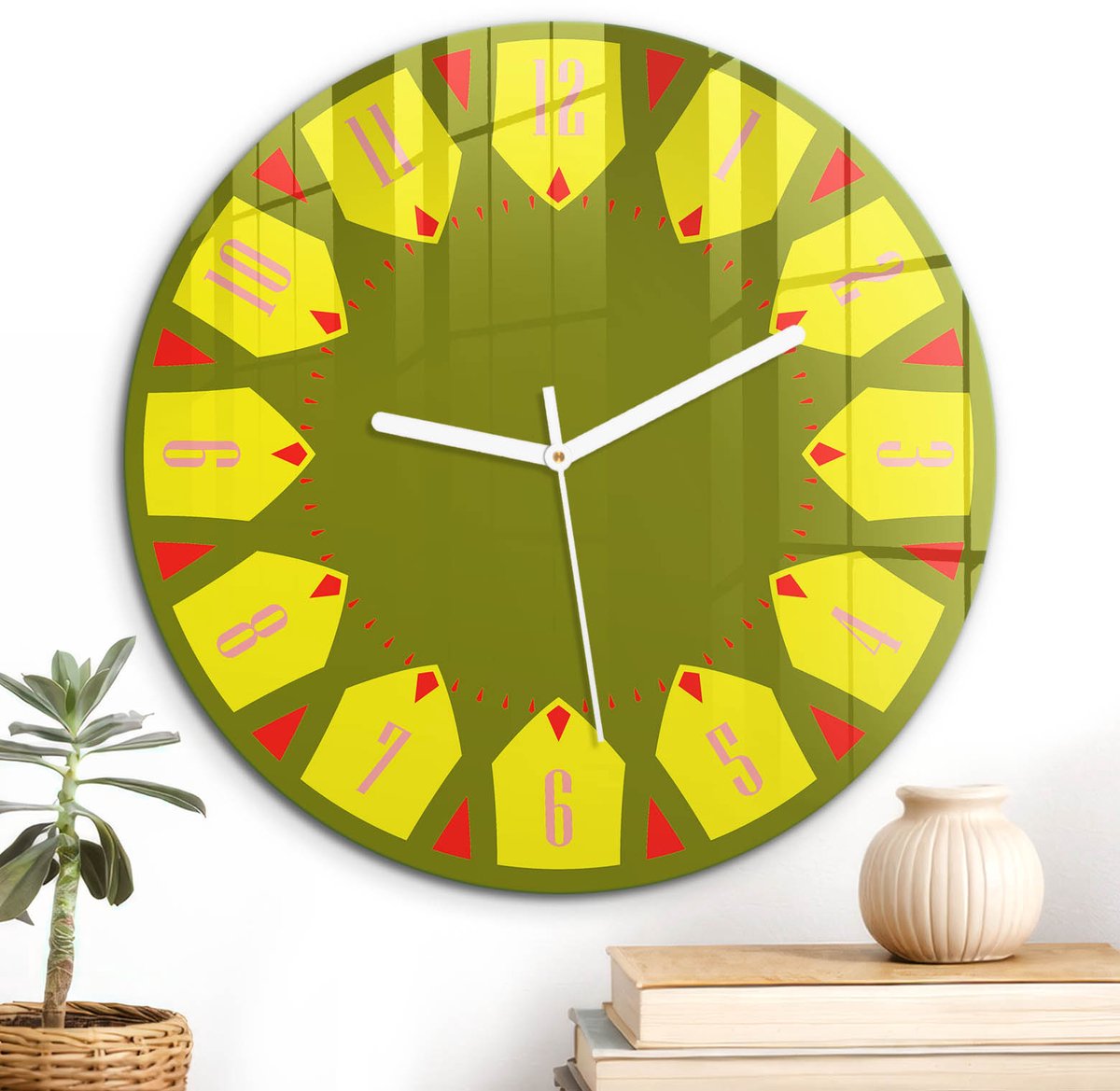 ArtPrintCave Geel Glazen Klok - Wandklok 30 cm - Muurklok Rond - Futuristisch Schild Wandklok Keuken - Abstractie Unieke Klok - Witte Klokwijzers